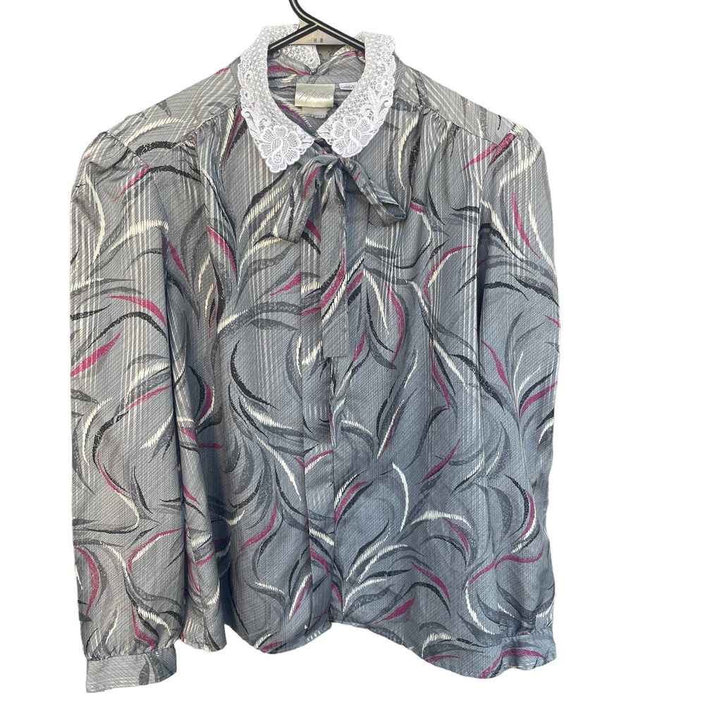 Vintage Pykettes Blouse Womens‎ Medium Gray Lace Collar Button Up 80s